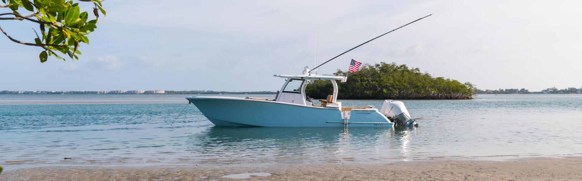 Turquoise boat anchored in shallow water off a sandy beach framed by mangrove branches